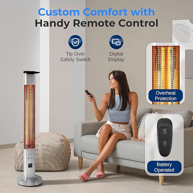 SereneLife Outdoor Electric Patio Heater - 1500W High-Efficiency Infrared Heating, Remote Control Standing Heater with Aluminum Reflector, Waterproof Design, IP65 Approved, Quiet Operation