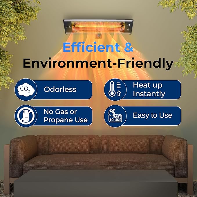 SereneLife Infrared Patio Heater, Wall-Mounted Electric Heater with Remote Control, 1500W, IP65 Approved, Odorless, Indoor/Outdoor for Patio, Restaurant, Backyard, Garage, Decks