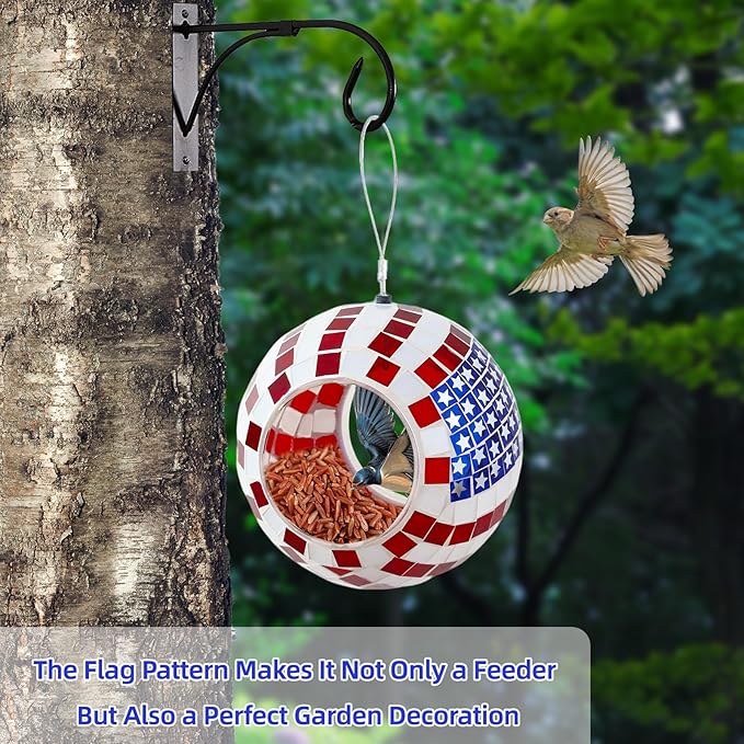 VOREEN Mosaic Bird Feeder, American Flag Design, 6.25" Round Glass Fly-Through Birds Feeder for Outdoor Hanging, Garden, Yard, Backyard, Gift for Mom Wife Friend, 4th of July Decor