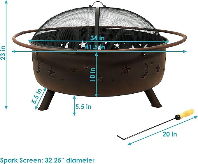 Sunnydaze Cosmic 42-Inch Large Outdoor Fire Pit - Wood-Burning Fire Pit with Round Spark Screen, Poker, and Built-in Grate