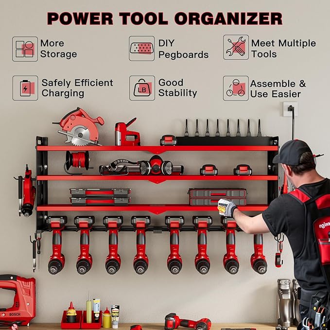 Power Tool Organizer Wall Mount with Charging Station,Cordless Tool Organizer 8 Drill Holder, 4 Layer Storage Rack for Garage Organization,Tool Holder with 8 Outlet Power Strip (Red)