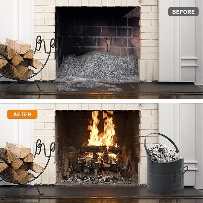 Poofzy Ash Bucket - 2.6 Gallon Metal Ash Bucket, Includes Shovel, Broom and Gloves for Wood Stove, Fireplace and Fire Pit
