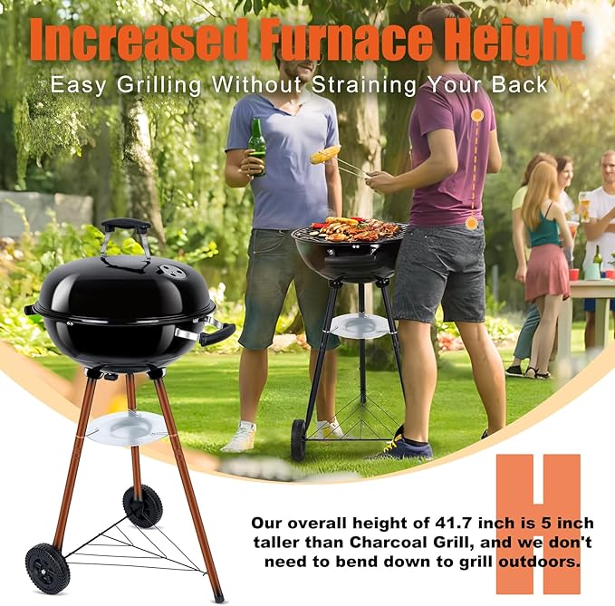 18 Inch Kettle Charcoal Grill, Leonyo Outdoor Barbecue Kettle Grill, Portable Round Smoker with Wheels, Porcelain-Enameled Lid & Fire Bowl, Perfect for Camping/Backyard/Tabletop Cooking/BBQ Party