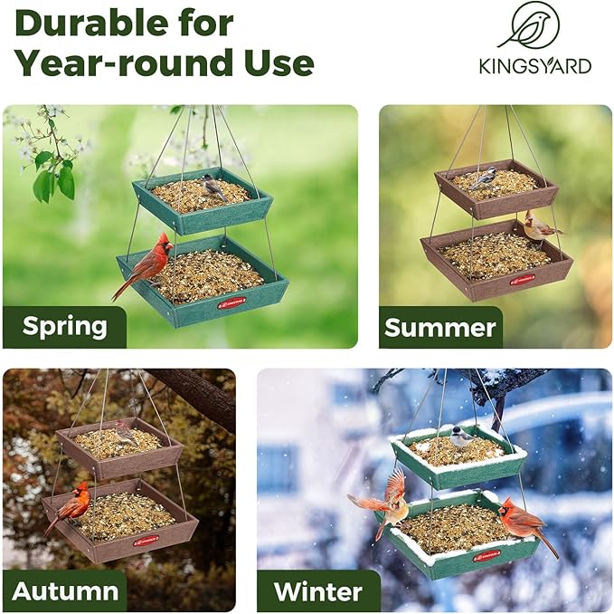Kingsyard 2 Tier Platform Bird Feeder for Outdoors Hanging, Recycled Plastic Flat Bird Feeder Tray with Large Capacity 5 lbs, Garden Decoration Attracting Wildbirds, Green