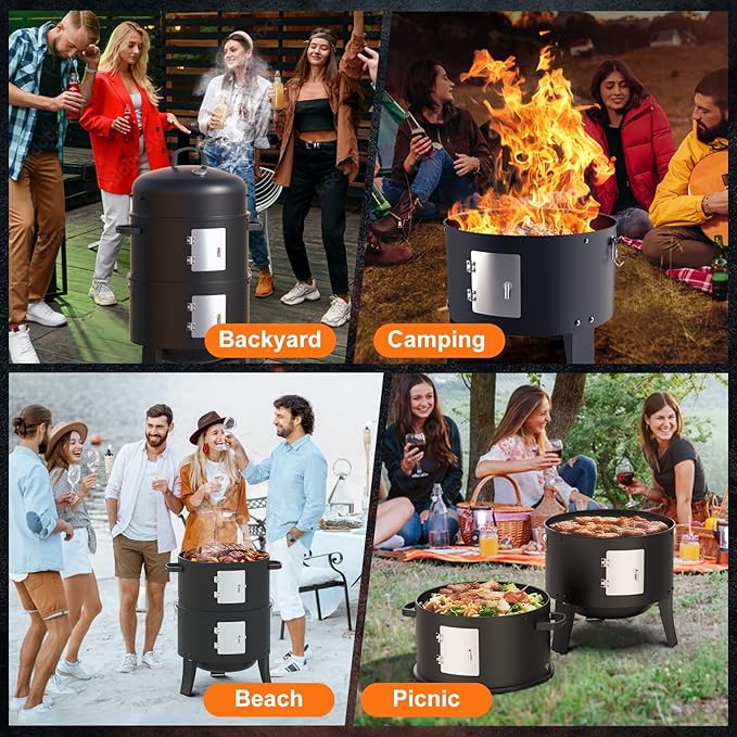 16" Charcoal Smoker, 3 in 1 Heavy Duty Vertical Barbecue Grill, Outdoor Fire Pit 402 Square Inches Cooking Area, Versatile Outdoor Smoker Grill, Black
