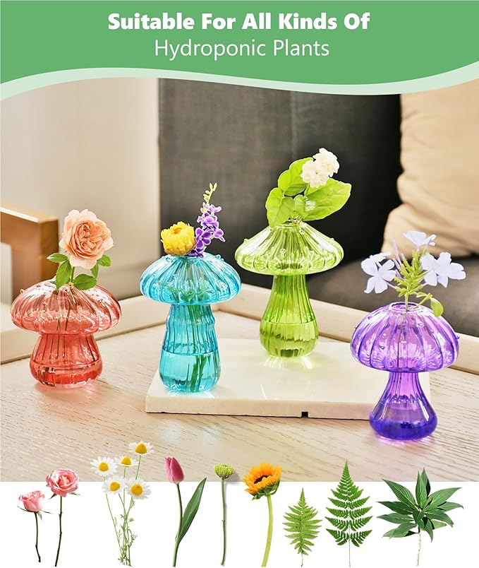 Nacome Mushroom Glass Propagation Station for Plants: Set of 4 Colored Vases Terrarium Kit for Home Office Indoor Hydroponics Decor - Birthday Gifts for Women Mom Grandma