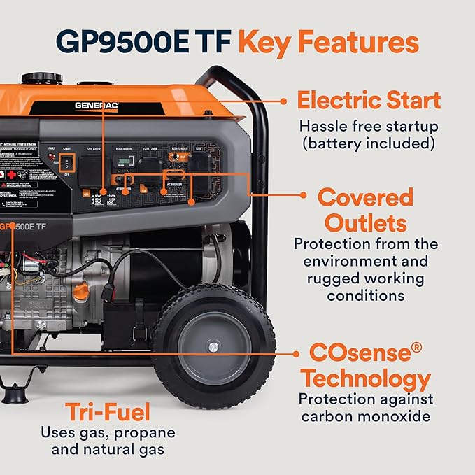 Generac 12,500/9,500-Watt Tri-Fuel Portable Generator - Electric Start - Gas, Propane or Natural Gas - Home Backup, Jobsite, or RV - Quiet Operation - Long Runtime - 50-State Compliant