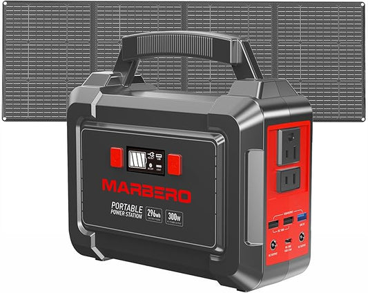 MARBERO Solar Generator 296Wh Portable Power Station with Solar Panel 60W Included Solar Power Bank with AC Outlets 300W Pure Sine Wave with Foldable Solar Panel Set for Camping Home Outdoor Emergency