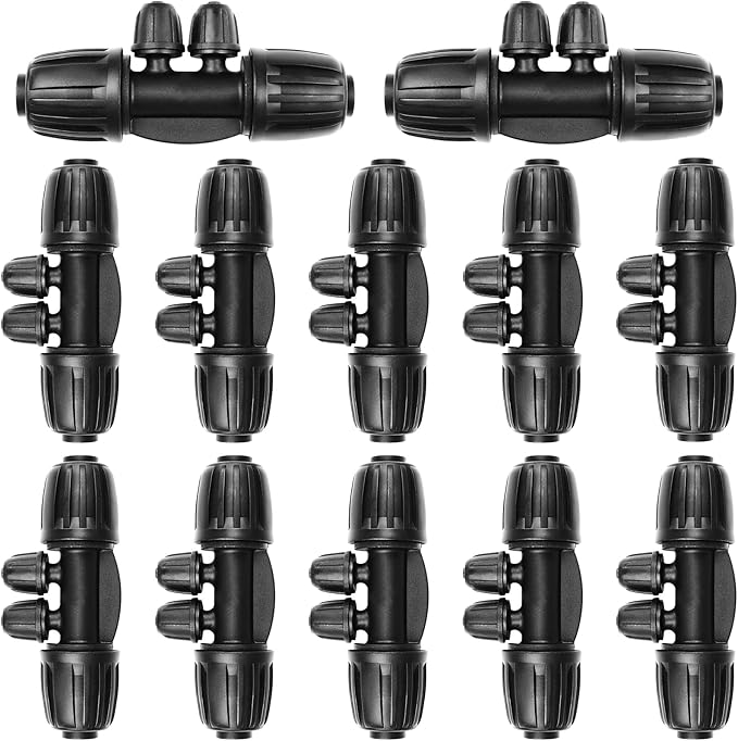 JAYEE Drip Irrigation Fittings, 12 Pcs Lock Barbed Four Way Connectors for 1/2 to 1/4 Inch Vinyl Tubing, Drip Line Parts 4-Way Tees Irrigation Connectors for Drip Sprinkler Garden Lawn Systems