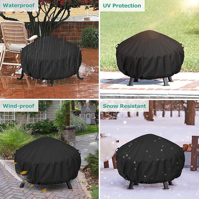SunPatio Round Fire Pit Cover 32 inch, Heavy Duty Waterproof Patio Fire Bowl Cover with Adjustable Drawstring and Handles, UV & Rip & Fade Resistant, 32" Dia x 14"H, Black