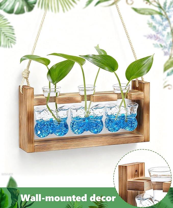 Nacome Plant Terrarium with Wooden Stand,Butterfly-Shaped Glass Vase Planter Propagation Station for Home Office Decor, Unique Gifts for Plant Lovers Women Mom