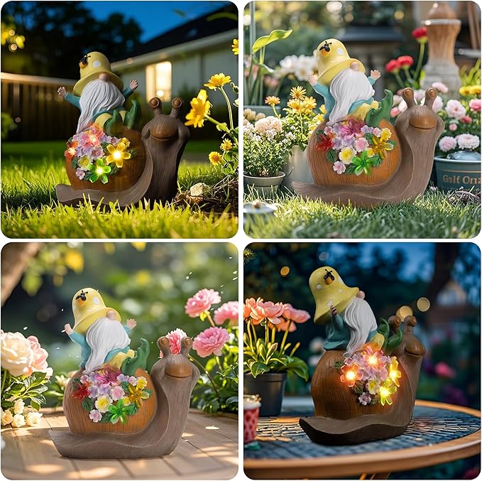 Solar Garden Outdoor Statue Snail Gnome with Succulent and LED Light - Patio,Lawn,Garden,Tortoise Statue for Patio,Unique Housewarming Gifts