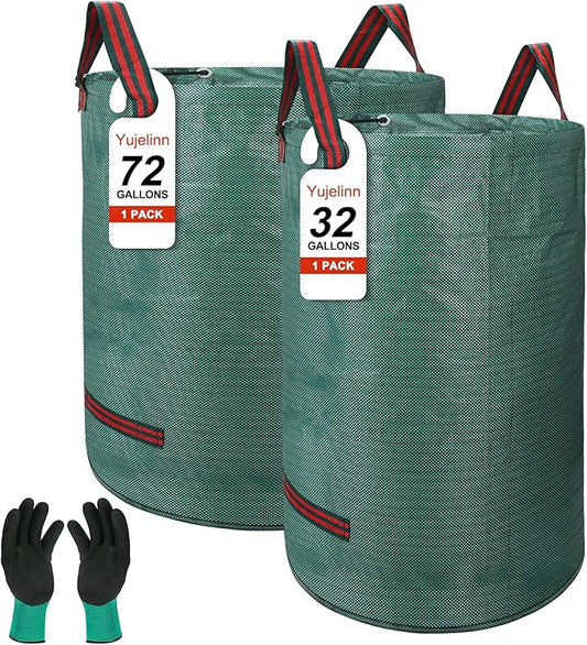 Reusable Yard Waste & Lawn and Leaf Bags with Gloves Pack - 72 & 32 Gallon Heavy Duty Lawn Trash Bags, Multi-Purpose: Garden Debris, Leaf Collection & Tool Storage, Collapsible for Easy Storage
