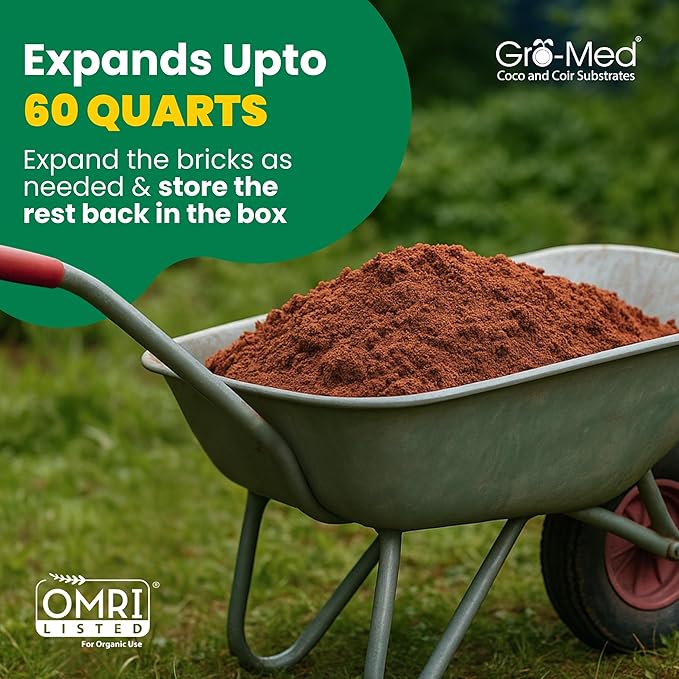 Gro-Med Coco Coir Brick 6s Pack – 1.4 lb Each, Expands to 60 Quarts, NPK Enriched Organic Coco Coir for Plants, OMRI-Listed Cocopeat Bricks for Garden Soil, Potting Mix & Indoor Outdoor Gardening