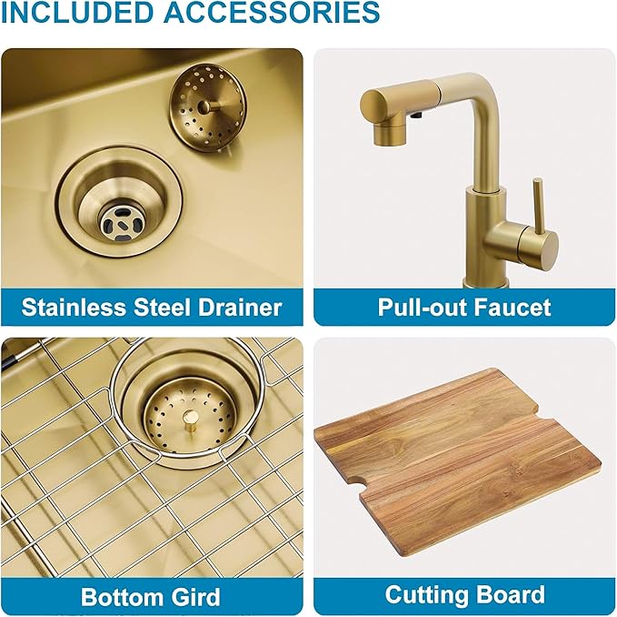 Gold Bar Sink With Faucet Drop In Bar Sinks 18 Inch Stainless Steel Indoor Outdoor Kitchen Workstation16 Gauge Single Bowl Small Sinks With Pull-out Faucet 18"x18"x9"