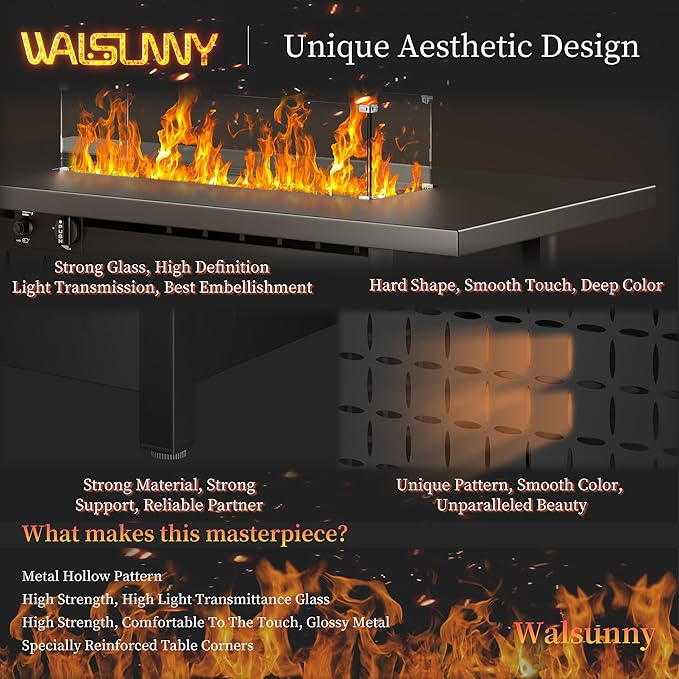 Walsunny 43 inch Outdoor Propane Fire Pit 50,000 BTU Gas Fire Pit Table with Lid, Waterproof Cover, Rectangle Gas Firepit Table for Garden/Patio, CSA Certification