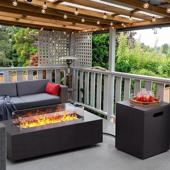 42” Rectangular Fire Pit Tables 2-Piece 50,000 BTU Outdoor Propane Gas Fire Pit with Wind Guard, Waterproof Cover, Lava Rocks for Outside Patio Backyard