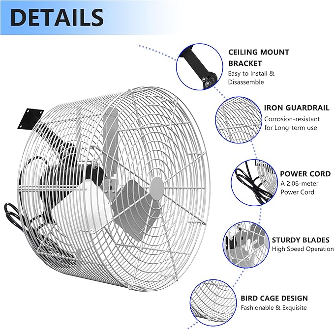 Greenhouse Air Circulation 1/3 HP 115V Ceiling Wall Mount Fan 5470CFM High Speed Circulation Fan for Greenhouse, Warehouse, Patio, Garage
