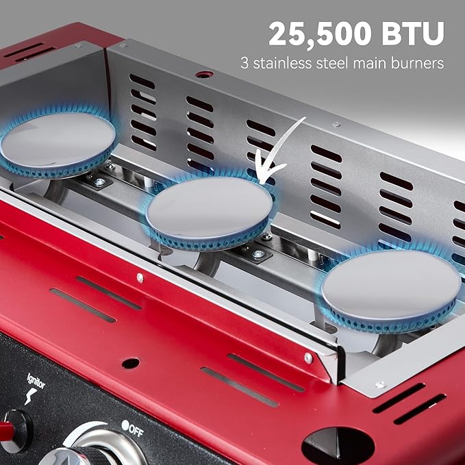 Royal Gourmet PD1301R 3 Burner Tabletop Propane Gas Griddle with Cover, 24 Inch Portable Griddle with 25,500 BTUs Output for Outdoor Cooking While Camping or Tailgating, Red