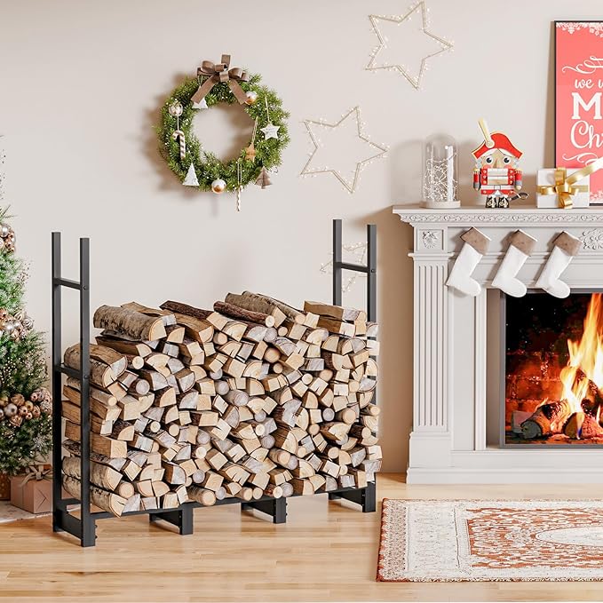 HOOBRO 4FT Firewood Rack with Cover, Outdoor Firewood Log Rack, Adjustable Log Holder with Waterproof Cover, Fireplace Wood Storage, Heavy Duty Wood Holder, for Indoor and Outdoor, Black BB01CH02