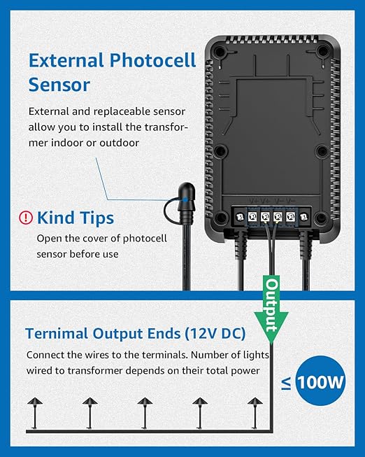 SUNVIE 100W Low Voltage Landscape Transformer Weatherproof Low Voltage Transformer with Photocell & Timer 120V AC to 12V DC Landscape Lighting Transformer for Outdoor Spotlights Path Lights Step Light