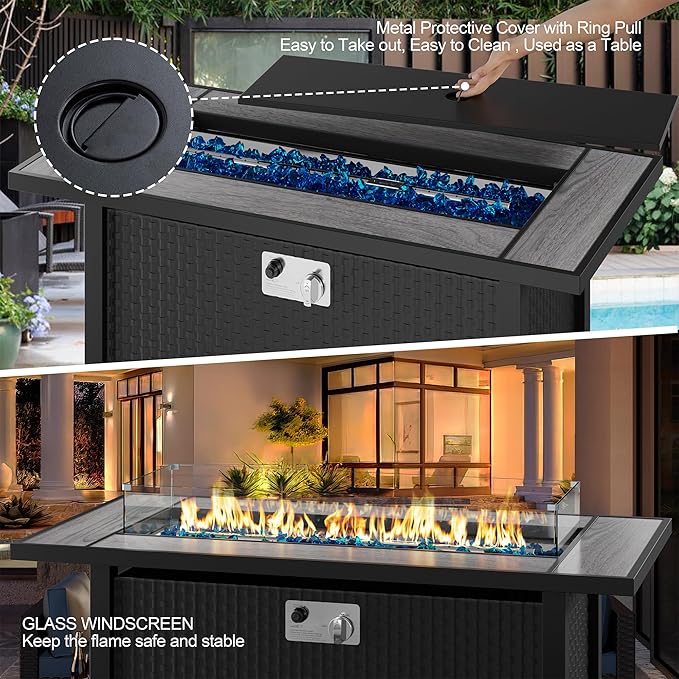 45 inch Outdoor Propane Fire Pit 50,000 BTU Gas Fire Pit Table with Lid, Glass Wind Guard, Waterproof Cover, Rectangle Gas Firepit Table for Garden/Patio, CSA Certification