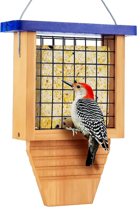 Wooden Suet Bird Feeder for Outside Hanging, Woodpecker Suet Feeder with Tail Prop, Hanging Bird Feeder for Wild Birds, 1 Pack, Blue