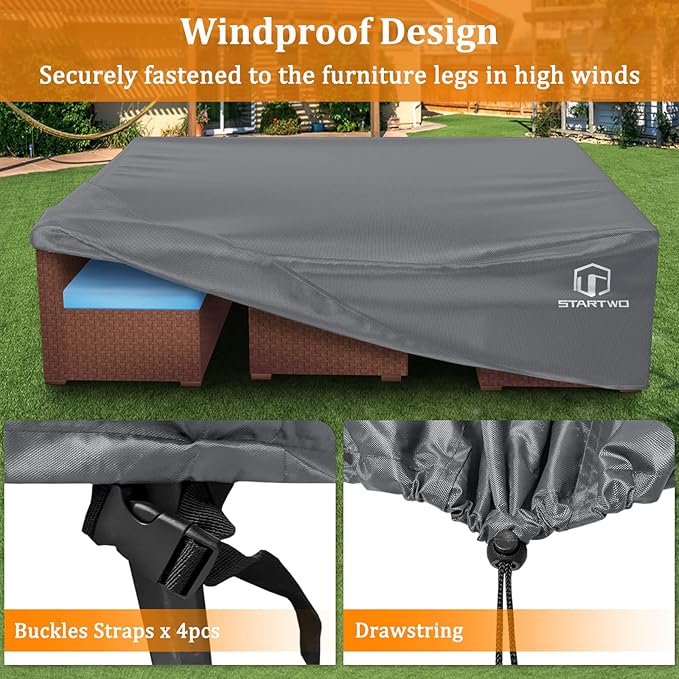 STARTWO Patio Furniture Covers Waterproof, Anti-UV Tear-Resistant 500D Heavy Duty 7-12 Seats Outdoor Furniture Cover for Sectional Sofa and Table Chairs, 110"x84"x28", Grey