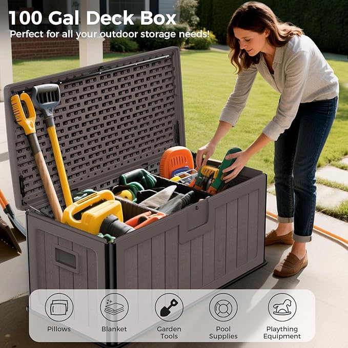 Outdoor Storage Deck Box 100 Gallon, UV Resistant & Waterproof Deck Box with Double-Wall Construction, Lockable Storage Bins Container for Pool Patio Garden