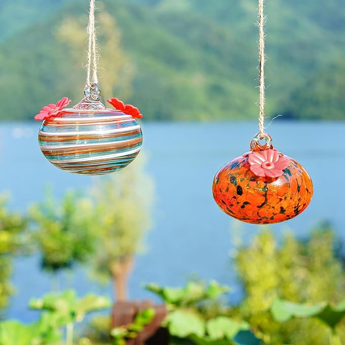 2pcs Small Blown Glass Hummingbird Feeders for Outdoors Hanging Glass Humming Bird Feeders for Window Patio Decor with 2 Flower Feeding Ports