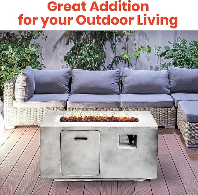 SereneLife Outdoor Propane Fire Pit Table - CSA/ETL Certified Safe 50,000BTU Pulse Ignition Weatherproof Square Propane Gas Fire Table - Adjustable Flame, Thermocouple - PVC Cover, Lava Rock