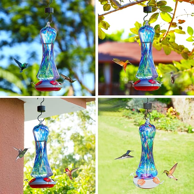 Hummingbird Feeder for Outdoors Hanging, Hand Blown Glass Hummingbird Present with Perch, Leak Proof, Never Fade, 4 Feeding Ports, 20 fl.oz, Include Hook, Ant Moat, Rope, Brush, Presents for Garden