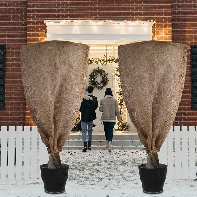 3 Pack 24'' x 40'' Reusable Warm Burlap Winter Plant Cover Bags with Drawstring Burlap Plant Covers Freeze Protection Large Plant Frost Cloth Cold Freeze Blanket Protecting Fruit Tree Potted Plants