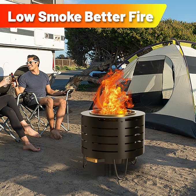 Portable Outdoor Fire Pit Set, 19 Inch Stainless Steel, Silver, Classic Style, Wood Burning, Low Smoke, Includes Fire Poker, Stand, Cloth Cover, Grill Rack
