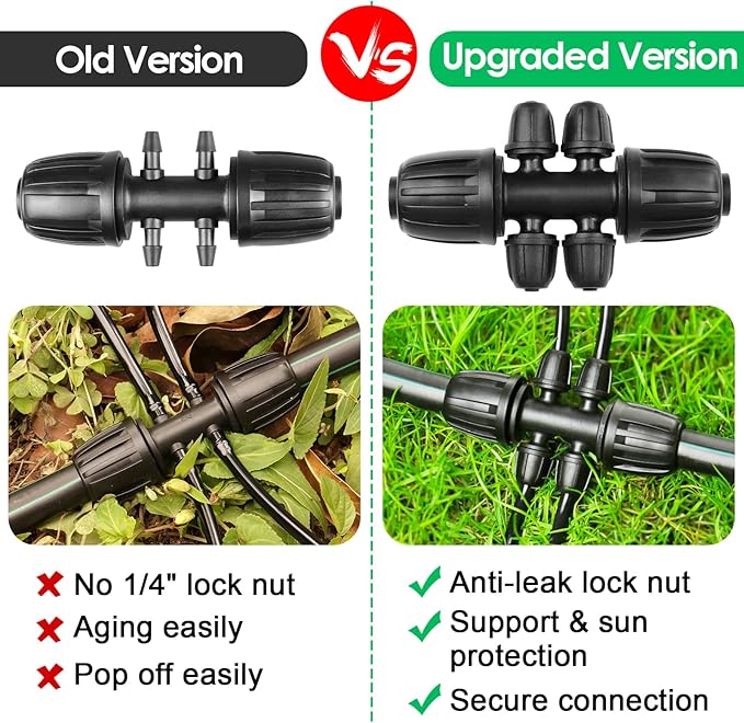JAYEE Drip Irrigation Fittings Kit for 1/2 Inch Tubing, 22 Pcs Drip Line Parts Locked Nut for Sprinkler System - 3 Tee, 3 Coupling, 3 Elbow, 3 End Closure Plug, 2 Switch Valve, 8 Reducing Connectors