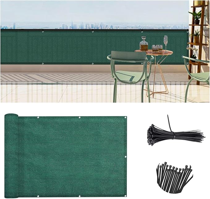 SUNLAX 2'6"x10' Dark Green Balcony Privacy Screen Fence Windscreen Cover Fabric Shade Netting Mesh Cloth with Grommets UV Protection for Patio, Backyard, Porch, Railing Shield 90%
