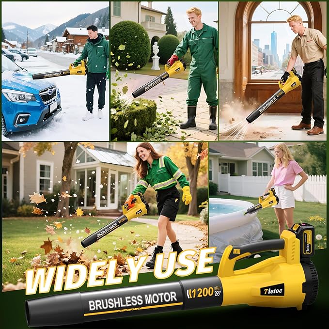Tietoc Leaf Blower Cordless, 735CFM/200MPH Brushless Electric Leaf Blower with 2 X 5.0Ah Battery, 6 Speed Levels, 2 Extended Tube and 3 Nozzles, Powerful Leaf blowers for Garden, Lawn Care (Yellow)