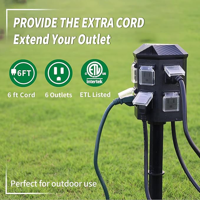 TiFFCOFiO Outdoor Power Strip Timer, Dusk to Dawn Light Sensor Countdown, 6 Feet Extension Cord Waterproof, 6 Grounded Outlets for Halloween and Christmas Decorations, ETL Listed (6 FT)