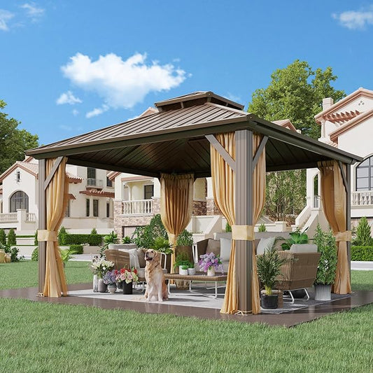 YOLENY 10' x 10' Hardtop Gazebo, Metal Gazebo with Aluminum Frame, Double Galvanized Steel Roof, Curtains and Netting Included, Pergolas for Patios, Garden, Parties, Lawns