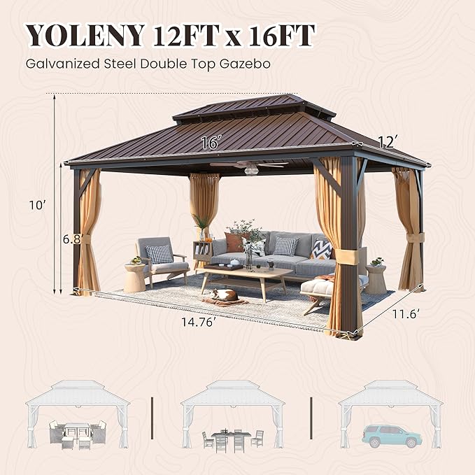 YOLENY 12' x 16' Hardtop Gazebo with Galvanized Steel Double Roof, Aluminum Pergolas Frame, Curtains and Netting Included, Metal Outdoor Gazebos for Garden, Patios, Lawns, Parties