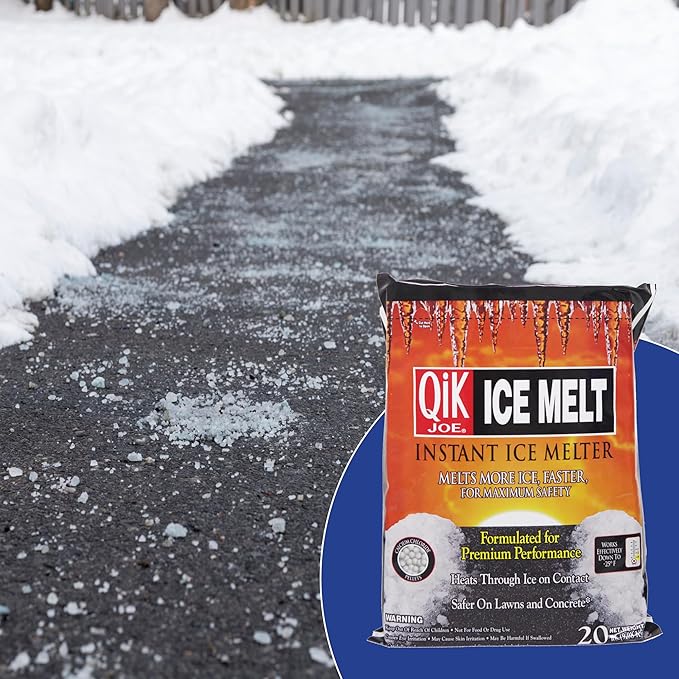Qik Joe Calcium Chloride Ice Melt - Instant Snow and Ice Melt for Sidewalks, Driveways, Steps, and Parking Lots - Deicer for Concrete, Asphalt, and Other Surfaces - 10 Lbs