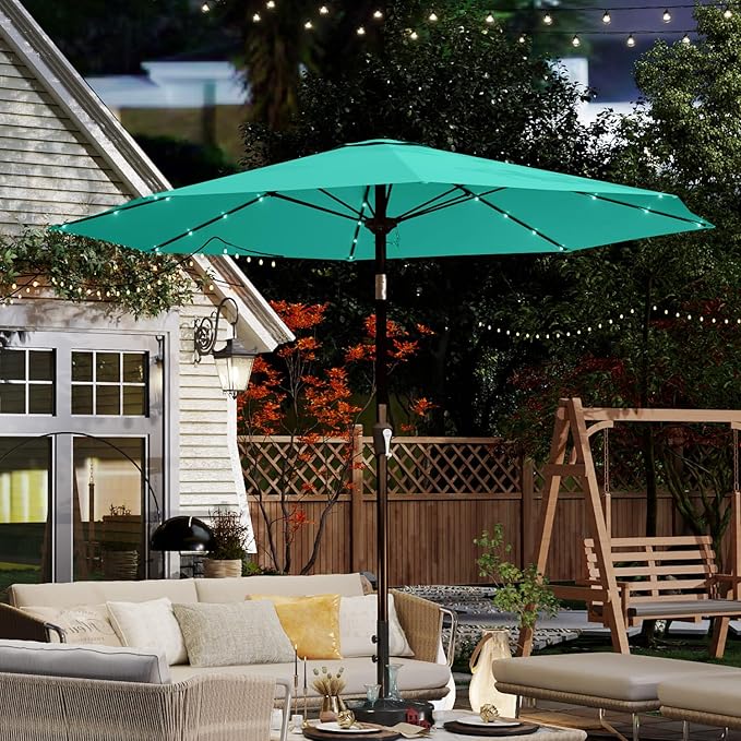10FT Solar Umbrella 32 LED Lighted Patio Umbrella Table Market Umbrella w/Tilt and Crank, UV-Resistant Outdoor Umbrella for Pool, Garden, Deck, Turquoise Blue