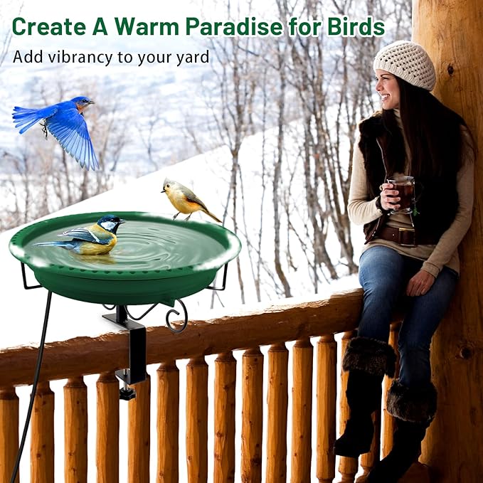 Lovppy Heated Bird Bath for Deck Railing, 100W Thermostatically Controlled Heated Bird Baths for Outdoors Bird Bath Heater, Heated Birdbath for Outside Winter Garden Patio Yard(Green)