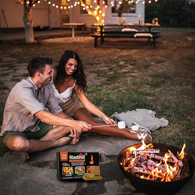 Stanbroil 144 pcs Fire Starters, Natural Charcoal Squares Fire Starters Super Fast Lighting Perfect for Barbecue Grills, Smokers, Wood Stove, Campfires and Outdoor Fireplaces