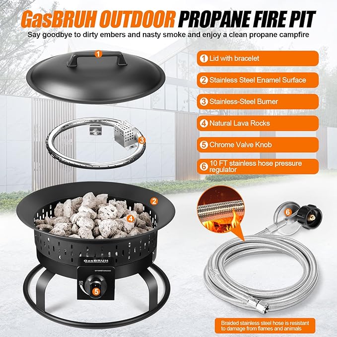 19″ Outdoor Portable Propane Fire Pit with Grill Grate, Cover&Carry Handle,Fireplace,60,000 BTU Propane Firepit,Portable Gas Fire Pit for Outside Patio, Camping,RV, Smokeless Gas Firebowl