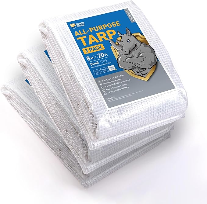 GUARD SHIELD Clear White Tarp Heavy Duty 8x20 Feet Waterproof for Greenhouse Outdoor Garden Poly Cover UV Resistant 3x3 Weave 10mil (3-Pack)