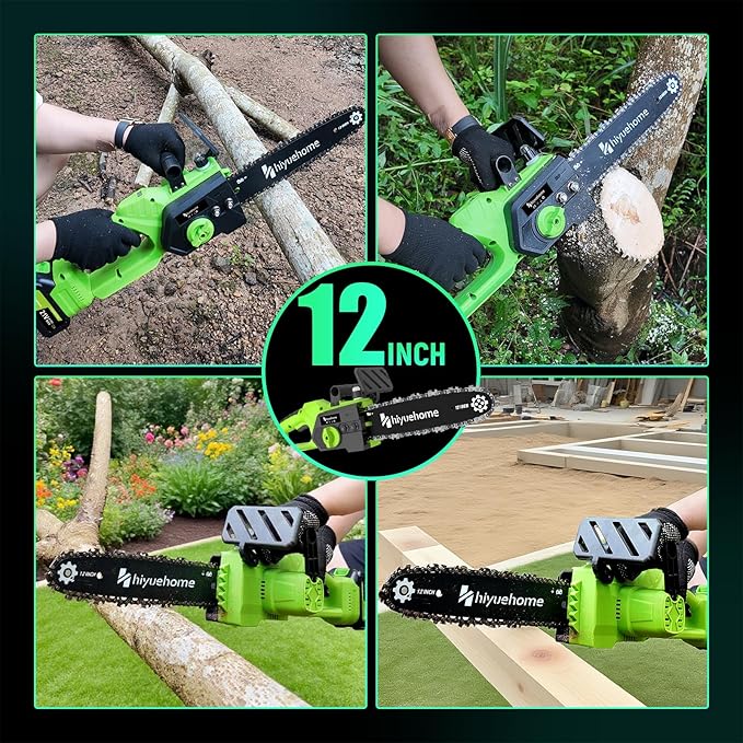 Mini Chainsaw 12inch, Chainsaw Cordless w Automatic Oiler, Handheld Electric Power Chain Saw w Security Lock, Brushless Motor,Chainsaws for Wood/Trees Trimming (Green - 1 battery, 12 INch)