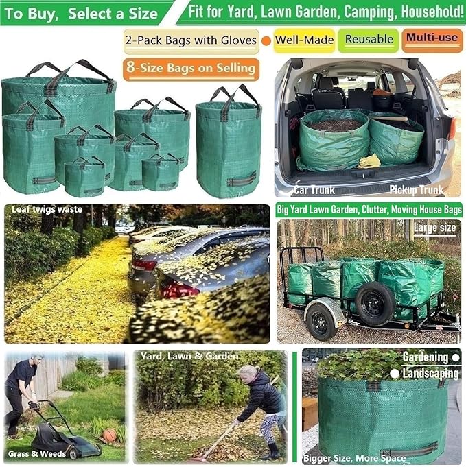 Professional 2-Pack 106 Gallon Large Lawn Garden Bags (D31, H31 inch) Yard Waste Bags W/Gardening Gloves, Big Leaf Bag,Yard Debris Bags,Garden Trash Container,Lawn Grass Clippings,Weeds Bag 4 Handles