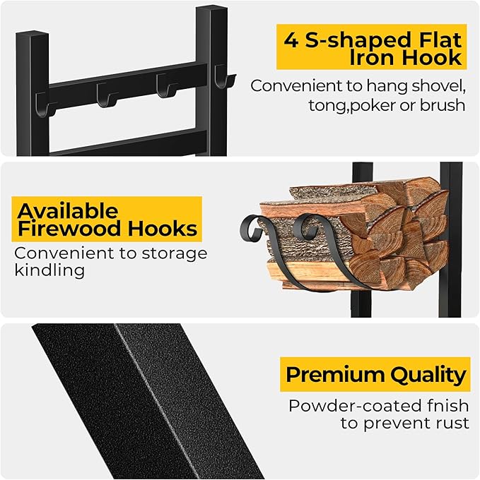 AMAGABELI GARDEN & HOME 30.7in Large Firewood Rack With Fireplace Tools Set Wrought Iron Indoor Outdoor Kindling Log Holder Heavy Duty Wide Wood Storage Log Rack Accessories Shovel Poker Tongs Broom