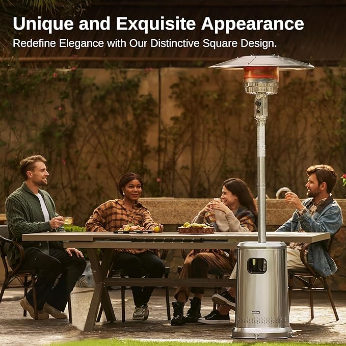 EAST OAK 50,000 BTU Patio Heater for Outdoor Use with Double-Layer Stainless Steel Burner, Square Round Table Design and Wheels, Propane Patio Heater for Home and Commercial, Stainless Steel